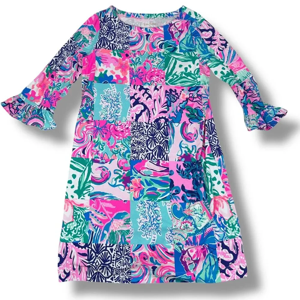 Lilly Pulitzer Sophie Shift‎ Dress Girls XL 12-14 Pink Blue Patch To Match Rayon
